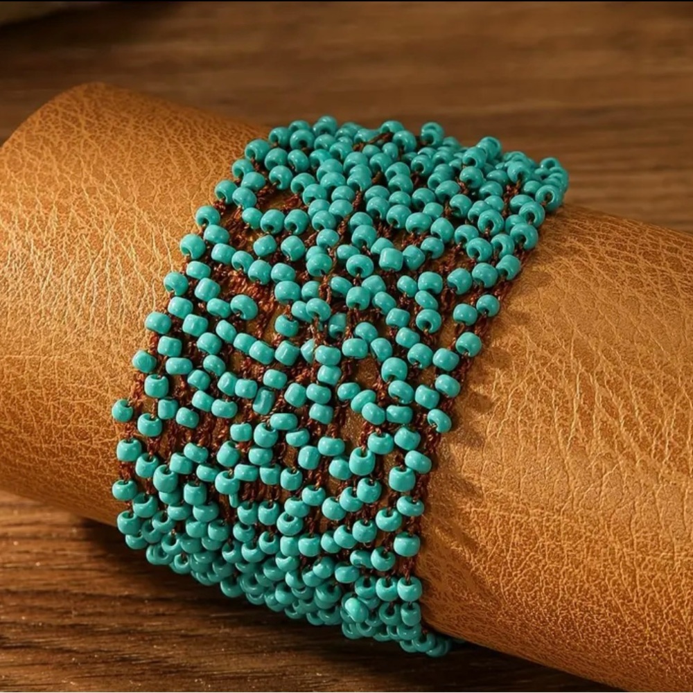 Blue Beaded Cuff Bracelet with Intricate Design